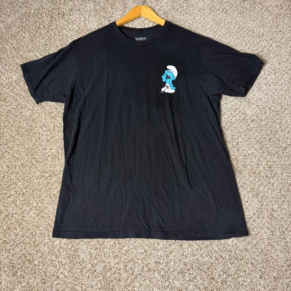 The Smurfs Mens Graphic T-Shirt Black Cotton Mushroom Back Print XL